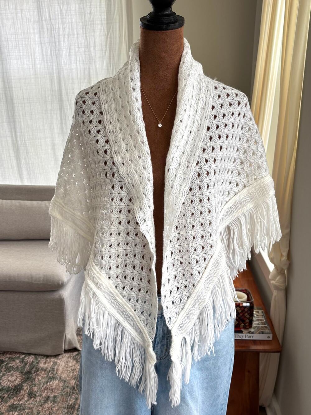 Mid Century Vintage 70s Specialty House Fashion White Crochet Shawl Open Weave